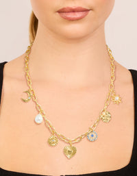 Gold Plated Pearl  Celestial &  Heart Charm Necklace - link has visual effect only