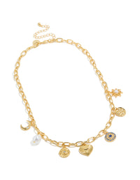 Gold Plated Pearl  Celestial &  Heart Charm Necklace - link has visual effect only