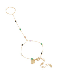 Showcasing a gold plated multicoloured semi precious stone beaded hand chain in statement style front view - link has visual effect only