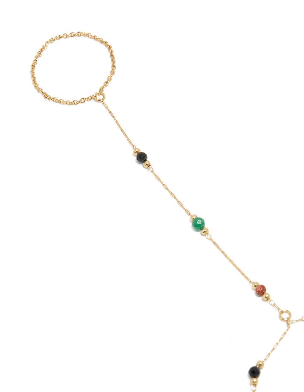 Featuring a gold plated multicoloured semi precious stone beaded hand chain in statement style close up view