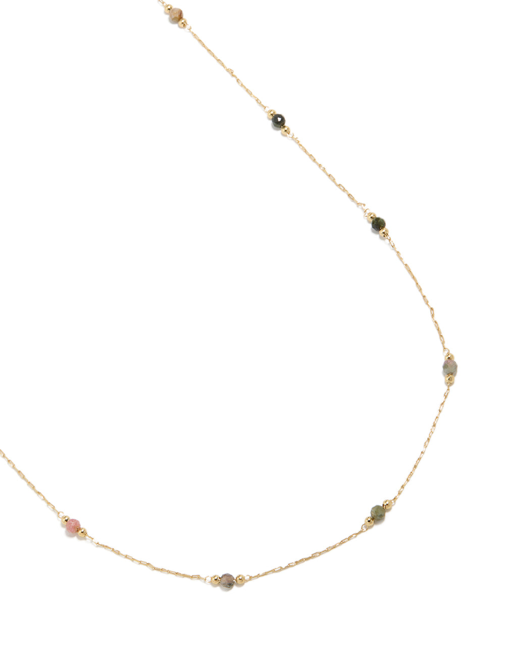 This gold plated multicoloured semi precious stones beaded waist chain features an embellished pattern with waisted shape front view