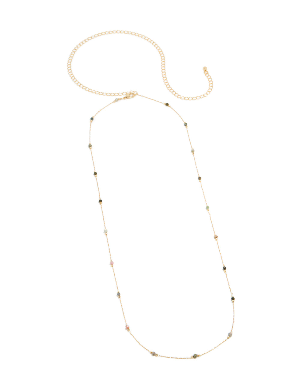 This gold plated multicoloured semi precious stones beaded waist chain features an embellished pattern with waisted shape front view