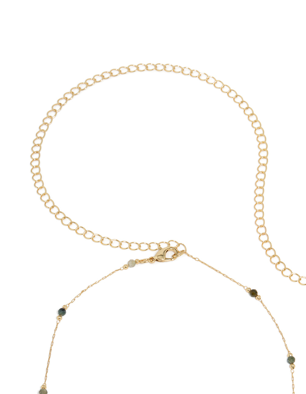 Elegant gold plated multicoloured semi precious stones beaded waist chain displaying embellished pattern and waisted shape detail view
