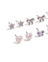 Showcasing kids diamante butterfly stud earrings 6-pack with heart, bow and star designs in silver plated finish close up view - link has visual effect only