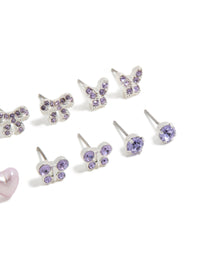 Showcasing kids diamante butterfly stud earrings 6-pack with heart, bow and star designs in silver plated finish close up view - link has visual effect only