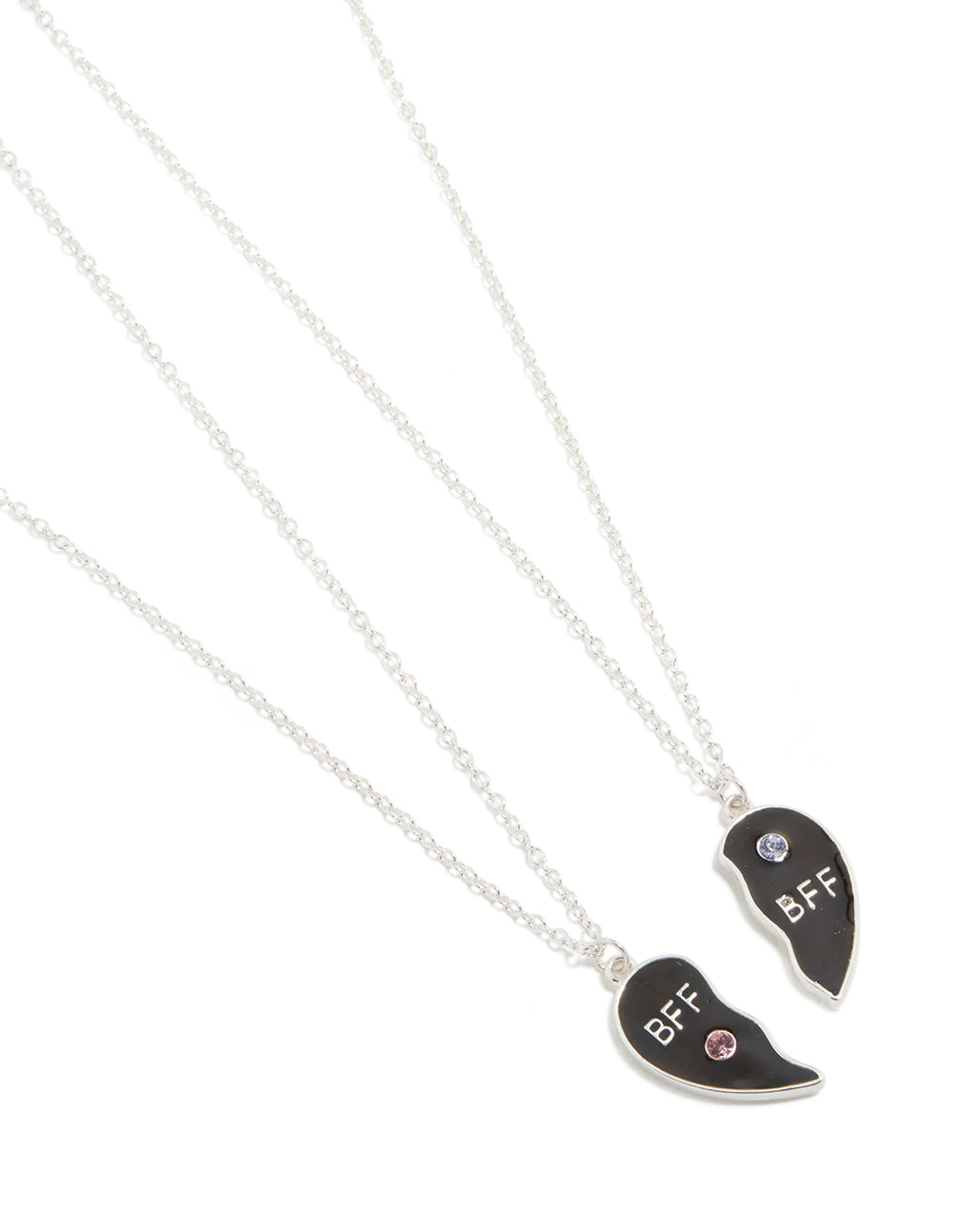 Discover kids mood diamante BFF heart necklaces in a 2-pack featuring script detailing, crafted from plated material, in close up view