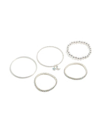 Beautifully designed kids silver diamante celestial bracelets 5-pack featuring beads, moon charm, and bangle styles front view - link has visual effect only