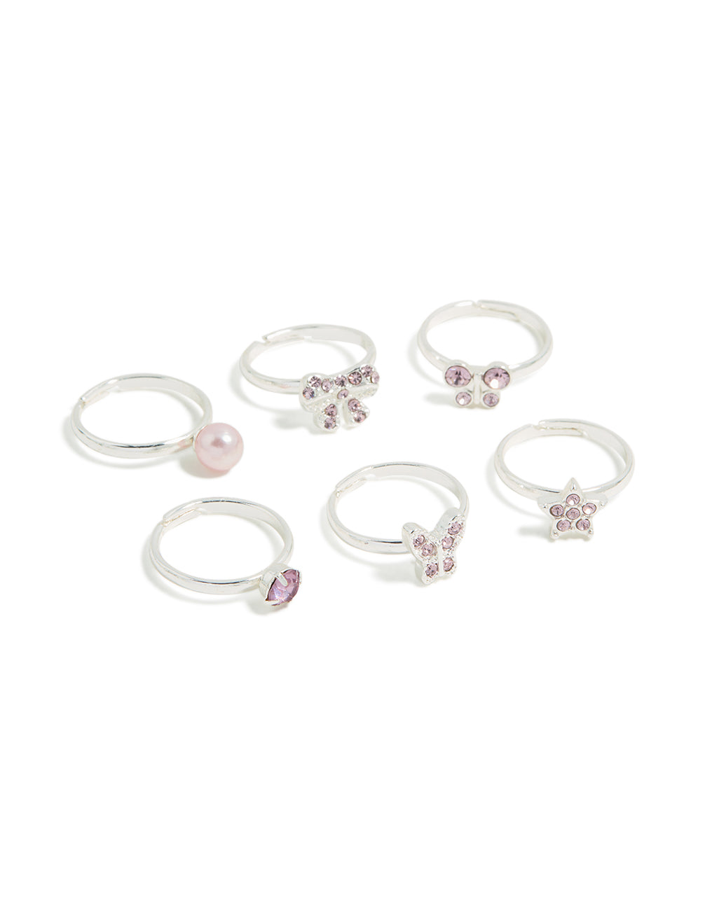 Showcasing kids diamante rings featuring bow and butterfly, pearl and star in silver with pearl pink and plum accents front view