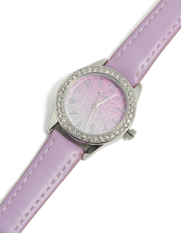 Discover a kids watch featuring glitter dial with round shape in casual style crafted from leather strap in pink color analog type side view
