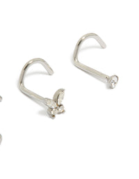 Featuring butterfly corkscrew nose studs with balls crafted from surgical steel and cubic zirconia in silver 3-pack detail view - link has visual effect only