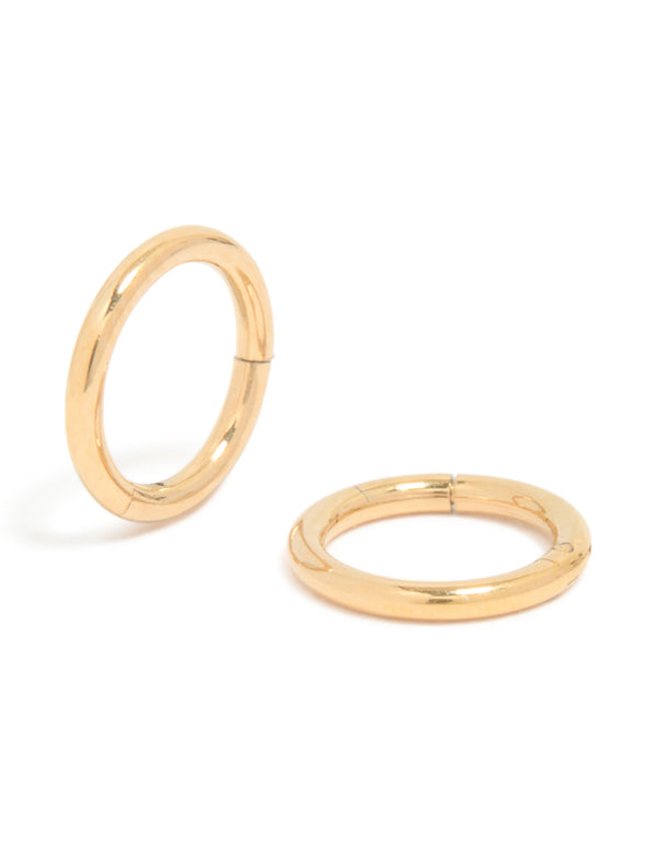 Gold plated surgical steel 6mm thick sleeper earrings with chunky dainty hoop closure front view