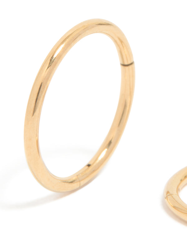 Featuring gold plated surgical steel 10 mm thick sleeper hoop earrings close up view