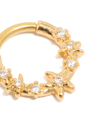 Showcasing a ocean starfish clicker ring in gold plated surgical steel with cubic zirconia accents and a dainty design detail view - link has visual effect only