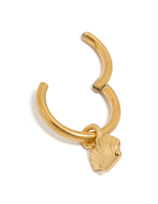 Featuring a gold plated surgical steel scallop shell charm clicker ring with ocean inspired hoop closure detail view