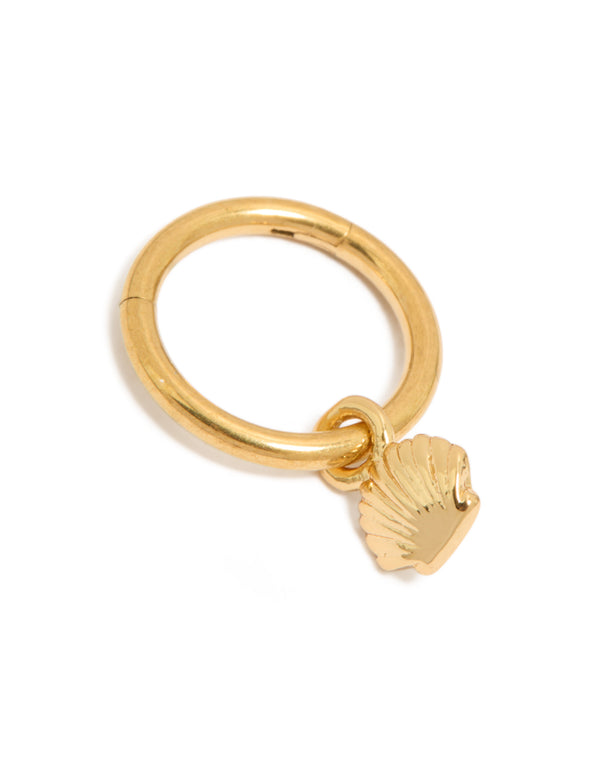 Showcasing a gold plated surgical steel scallop shell charm clicker ring with ocean inspired hoop closure front view