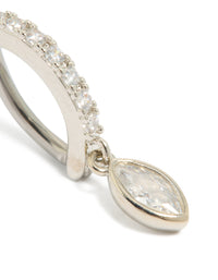 This surgical steel cubic zirconia circle drop belly ring showcases a charm detailing in silver and clear stone detail view - link has visual effect only