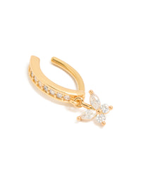 This surgical steel belly bar features a gold plated finish with cubic zirconia butterfly charm detail view - link has visual effect only