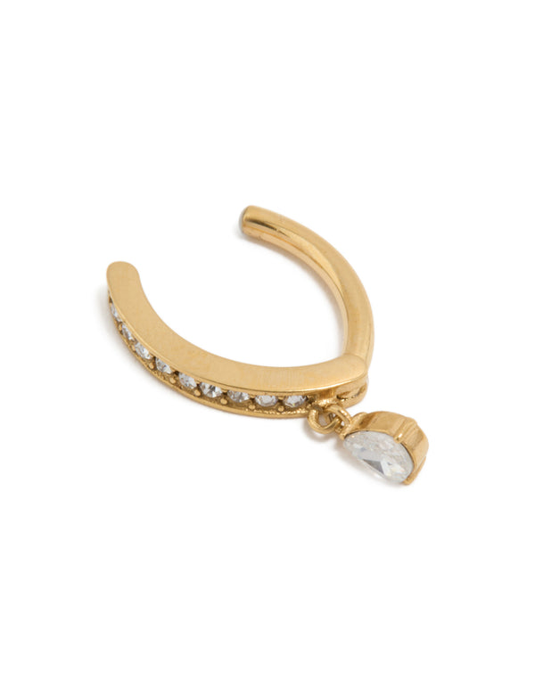 Crafted from gold plated titanium with cubic zirconia charm featuring a dainty curved drop design detail view