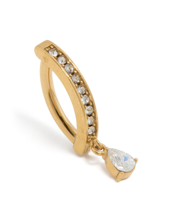 Crafted from gold plated titanium with cubic zirconia charm featuring a dainty curved drop design detail view