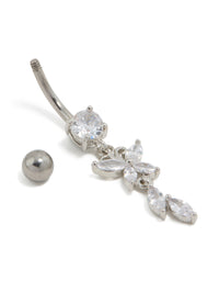 Featuring a titanium belly bar with butterfly and charm drop, showcasing cubic zirconia stones and metal balls on a curved bar close up view - link has visual effect only