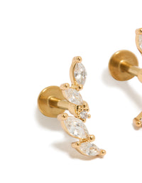 Beautifully crafted gold plated titanium cubic zirconia crawler stud earrings with flat back closure close up view - link has visual effect only