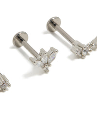 Showcasing titanium cubic zirconia flower drop flat back studs 3-pack in silver and clear close up view - link has visual effect only