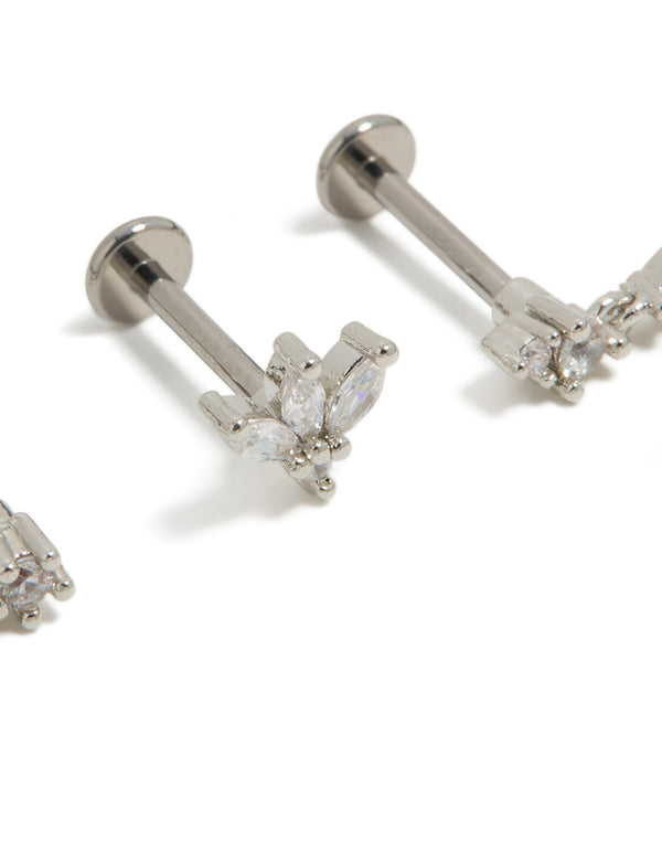 Showcasing titanium cubic zirconia flower drop flat back studs 3-pack in silver and clear close up view