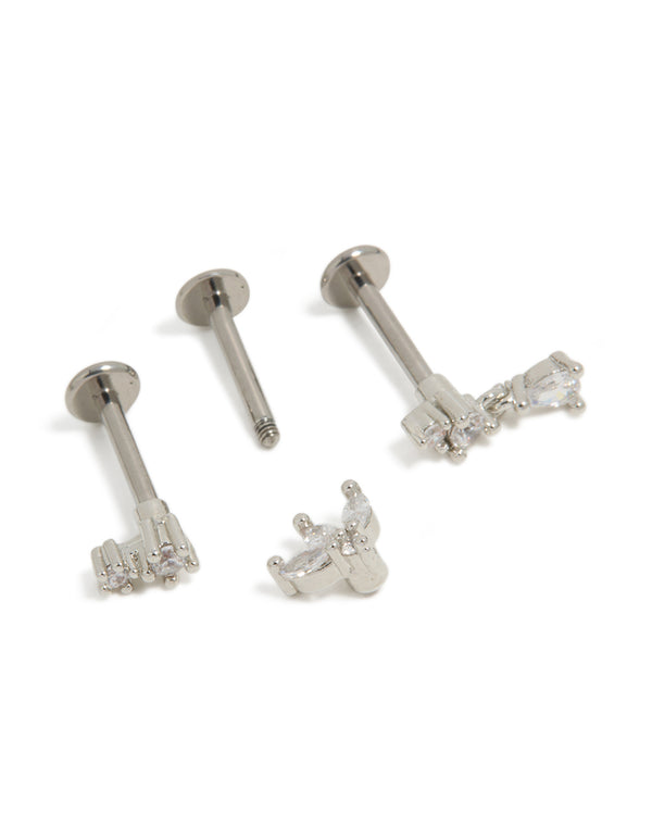 Crafted from titanium, these cubic zirconia flower drop flat back studs 3-pack in silver and clear post detail view
