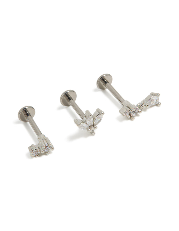 Titanium Cubic Zirconia Flower Drop Flat Back Studs 3- Pack