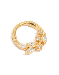 Showcasing a floral leaf design with cubic zirconia stones, crafted from gold plated titanium, this clicker ring radiates elegance in clear stone front view - link has visual effect only