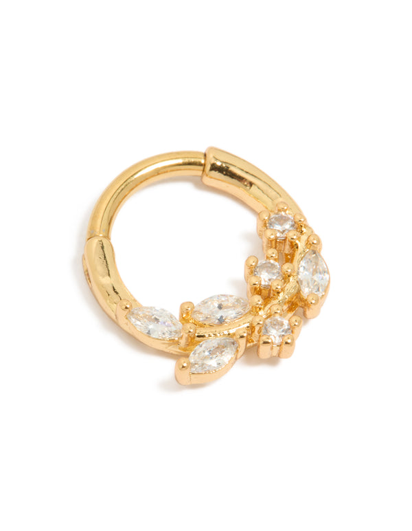 Showcasing a floral leaf design with cubic zirconia stones, crafted from gold plated titanium, this clicker ring radiates elegance in clear stone front view