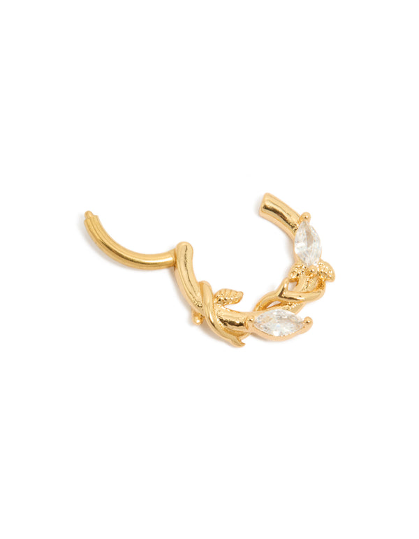 Featuring gold plated titanium clicker ring with leaf design and cubic zirconia stones detail view