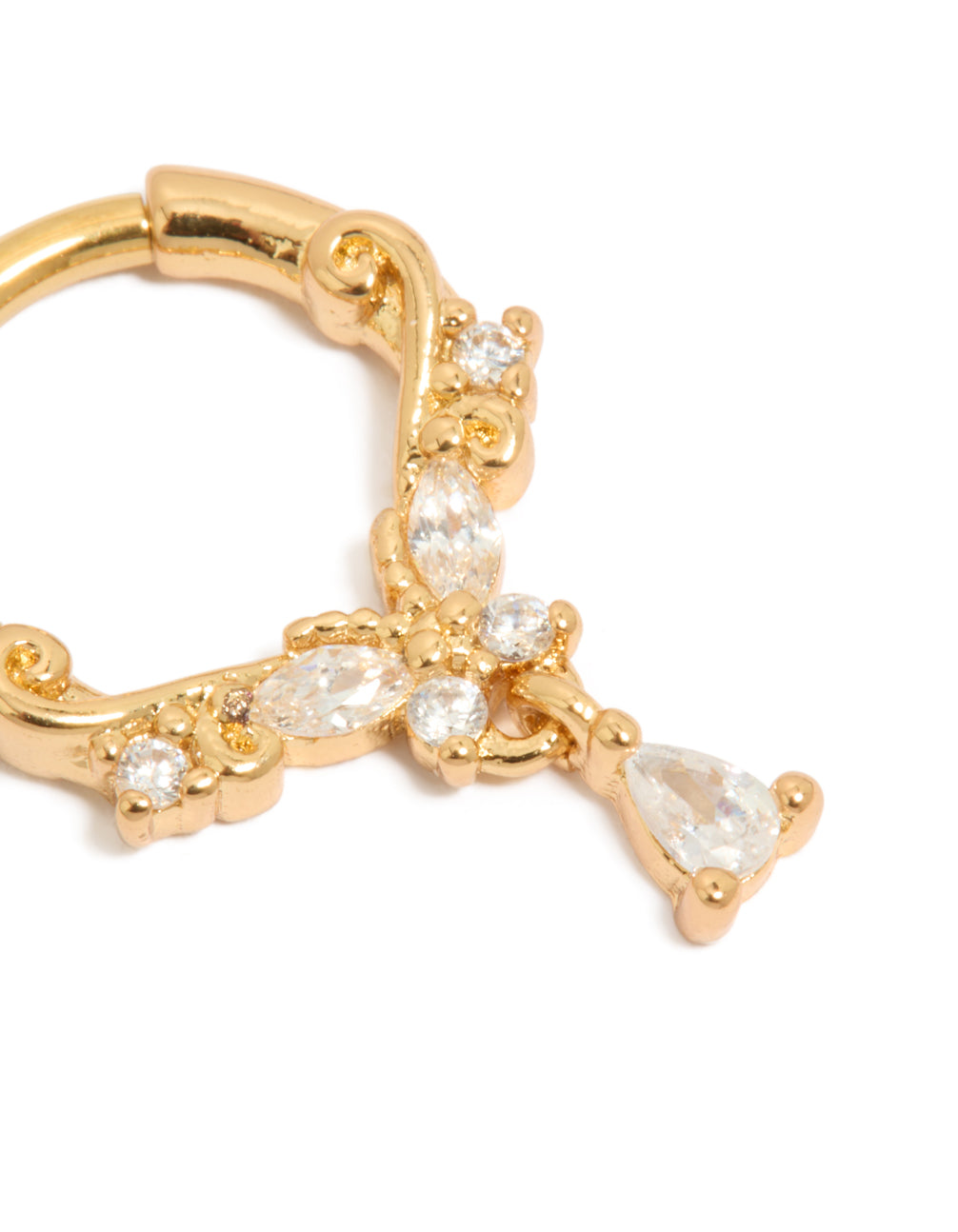 Crafted from gold plated titanium with butterfly charm and cubic zirconia ring detail view