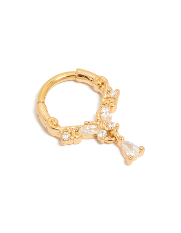 Featuring a butterfly charm with cubic zirconia in gold plated titanium ring front view