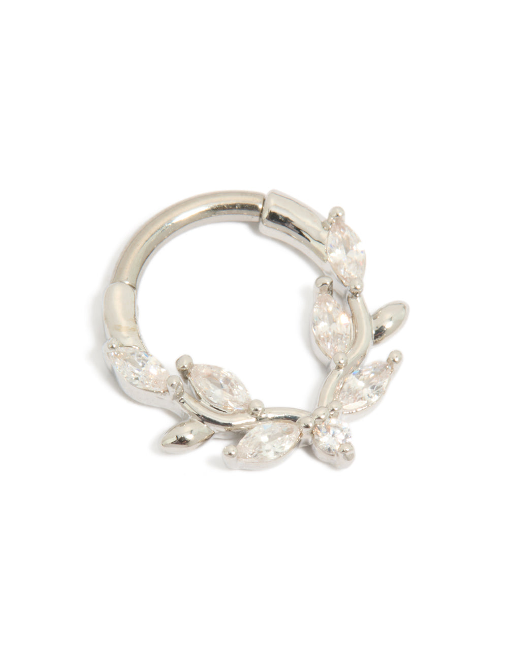 Showcasing a titanium cubic zirconia vine clicker ring in silver and clear stone hoop closure detail view