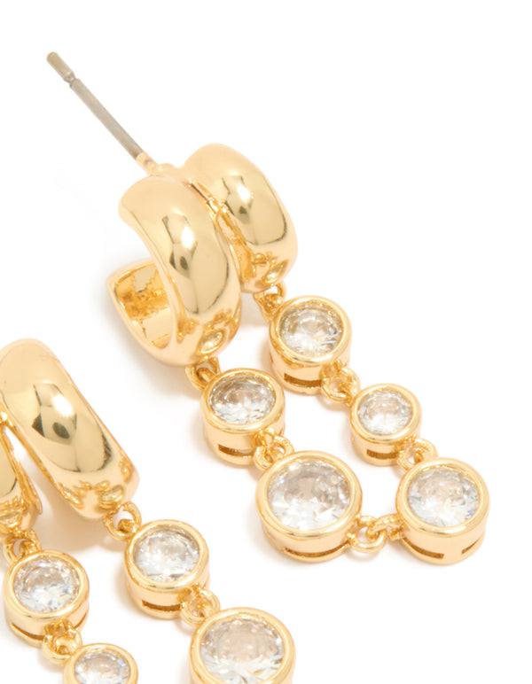 Gold Plated  Cubic Zirconia Bezel Double Hoop Drop Earrings