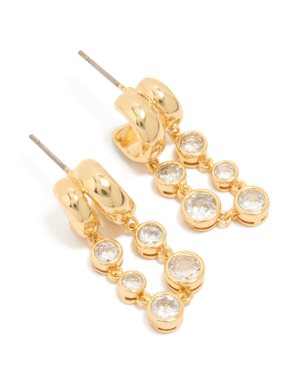 Gold Plated  Cubic Zirconia Bezel Double Hoop Drop Earrings