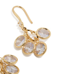 Highlighting gold plated cubic zirconia cluster drop hook earrings with charm elements post detail view - link has visual effect only