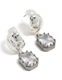 Showcasing statement drop earrings with square cubic zirconia stones in gunmetal plated setting front view - link has visual effect only