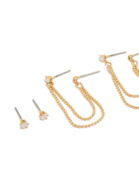 Gold Plated  Cubic Zirconia Double Layered Chain & Stud Earrings 3-Pack - link has visual effect only