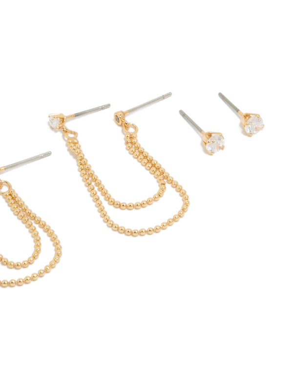 Gold Plated  Cubic Zirconia Double Layered Chain & Stud Earrings 3-Pack