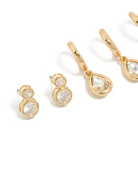 Gold Plated Cubic Zirconia Large Bezel Set Studs & Huggie Earrings 3-Pack - link has visual effect only