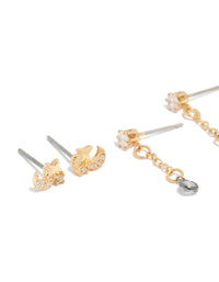 Mixed Metal Plated Cubic Zirconia Cluster Chain & Stud Earrings 4-Pack - link has visual effect only