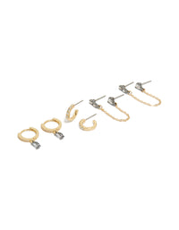 Gold Plated Cubic Zirconia Chain & Huggie Earrings 3- Pack - link has visual effect only