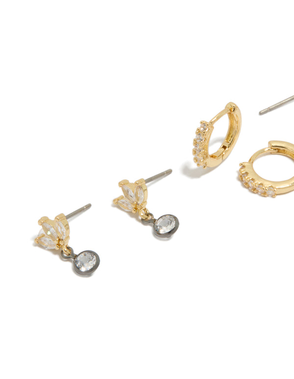 Mixed Metal Plated Cubic Zirconia Bezel Stud & Huggie Earrings 3-Pack