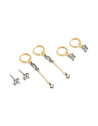 Mixed Metal Plated Cubic Zirconia Flower Chain & Huggie Earrings 3-Pack - link has visual effect only