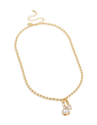 Presenting a gold plated double cubic zirconia teardrop pendant necklace with ball chain front view - link has visual effect only