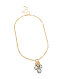 Displaying a mixed metal plated diamante cluster drop necklace featuring cubic zirconia in gold statement style front view - link has visual effect only