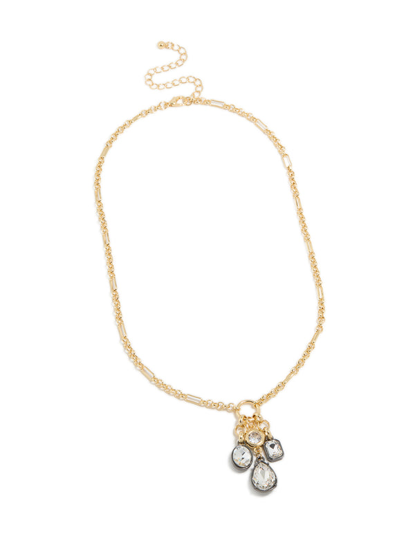 Displaying a mixed metal plated diamante cluster drop necklace featuring cubic zirconia in gold statement style front view