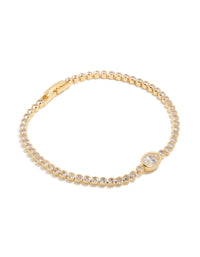 Showcasing a gold plated cubic zirconia oval tennis bracelet with clear stones front view - link has visual effect only